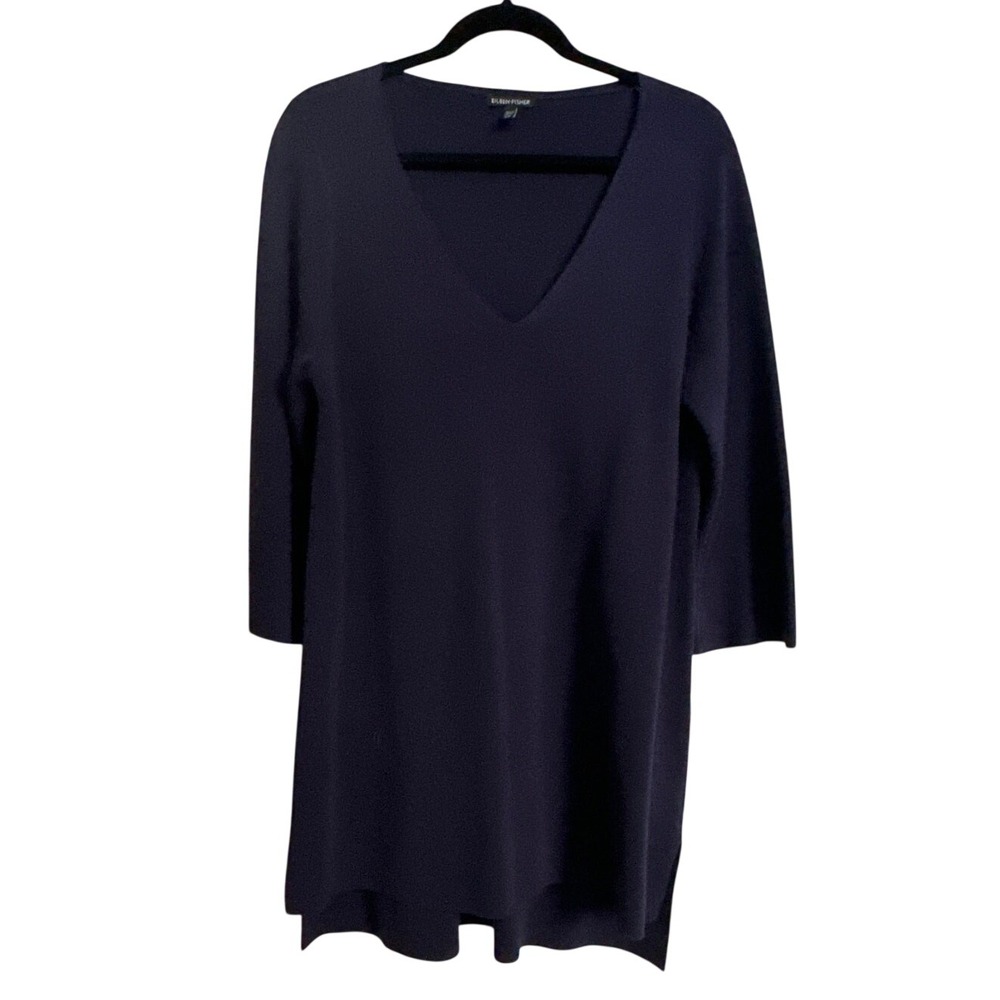Eileen Fisher Silk & Organic Cotton V-Neck‎ Tunic Sweater – Navy Blue – Size L